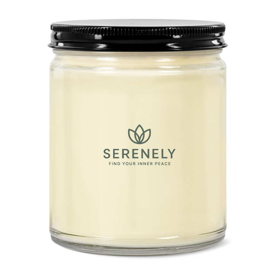 Serenely candle in a glass jar with a black lid on a white background