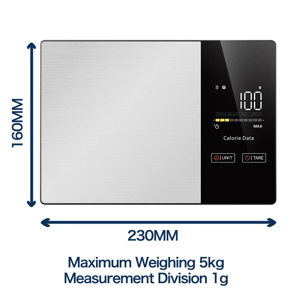 Smart Kitchen Scale Food Calorie Protein Fat Carbs Nutritional Calculator Scales, 11LB / 5kg Stainless Steel Kitchen Food Scale